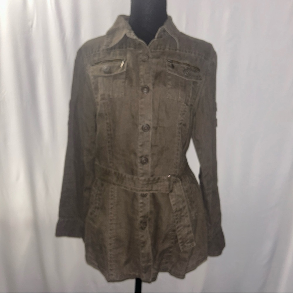 CAbi Utility Sahara Jacket 100% Linen Khaki Brown Size M Front Belt Roll‎ Tab